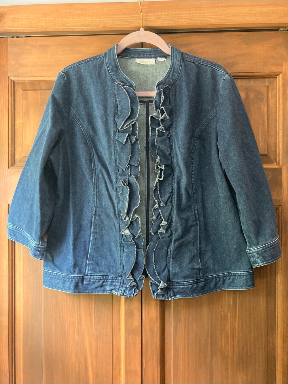 Chico’s Blue Denim Jean Jacket w/ Ruffles 2 (Large, 12)